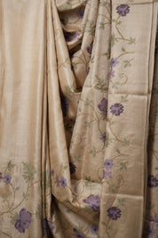 Dusty Cream Machine Embroidered Tussar Silk Saree - SRDCETSS1487