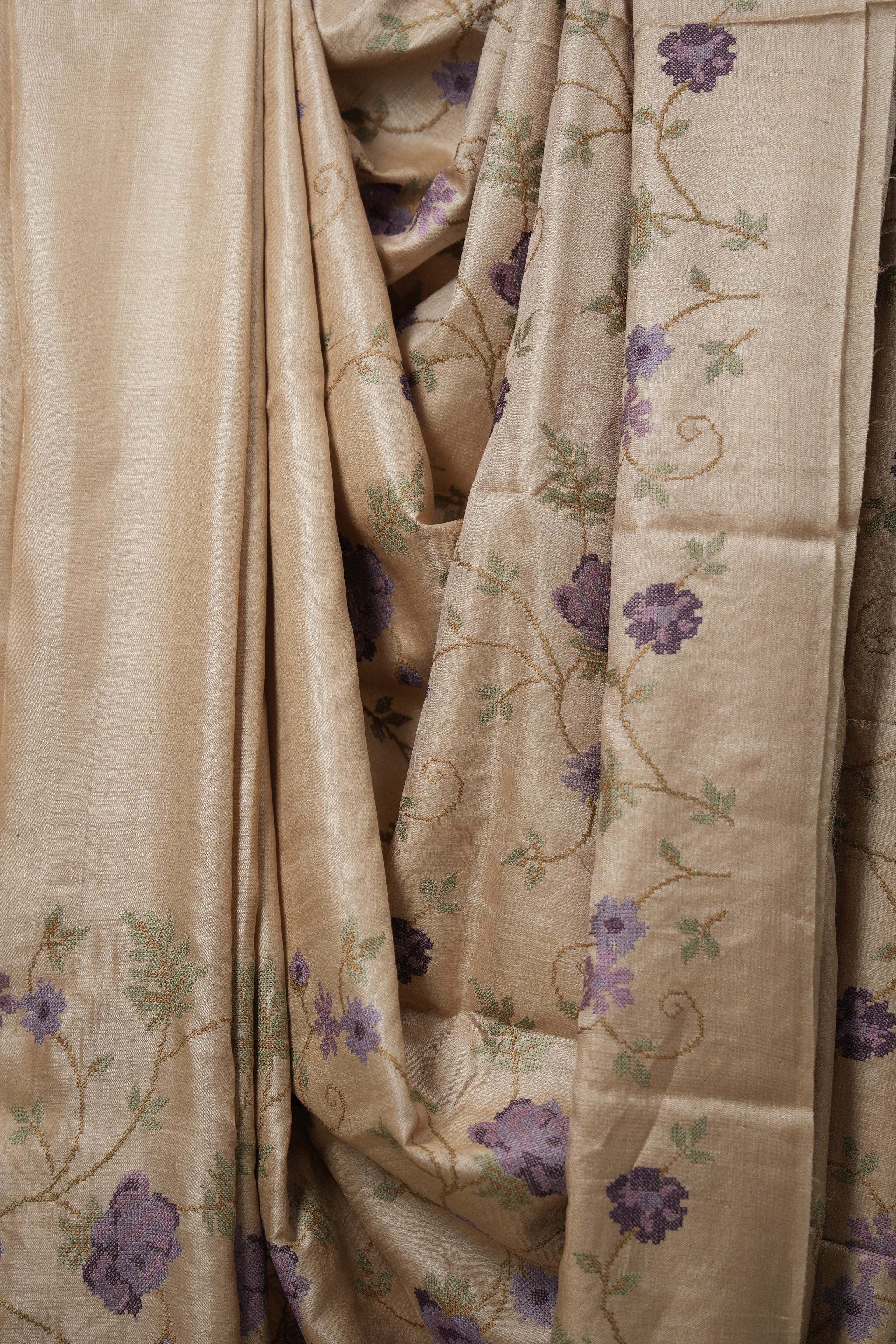 Dusty Cream Machine Embroidered Tussar Silk Saree - SRDCETSS1487