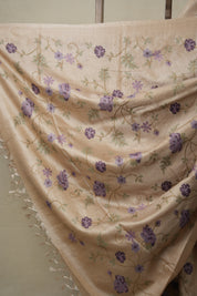 Dusty Cream Machine Embroidered Tussar Silk Saree - SRDCETSS1487