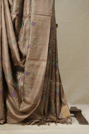 Copper Machine Embroidered Tussar Silk Saree - SRCETSS1491