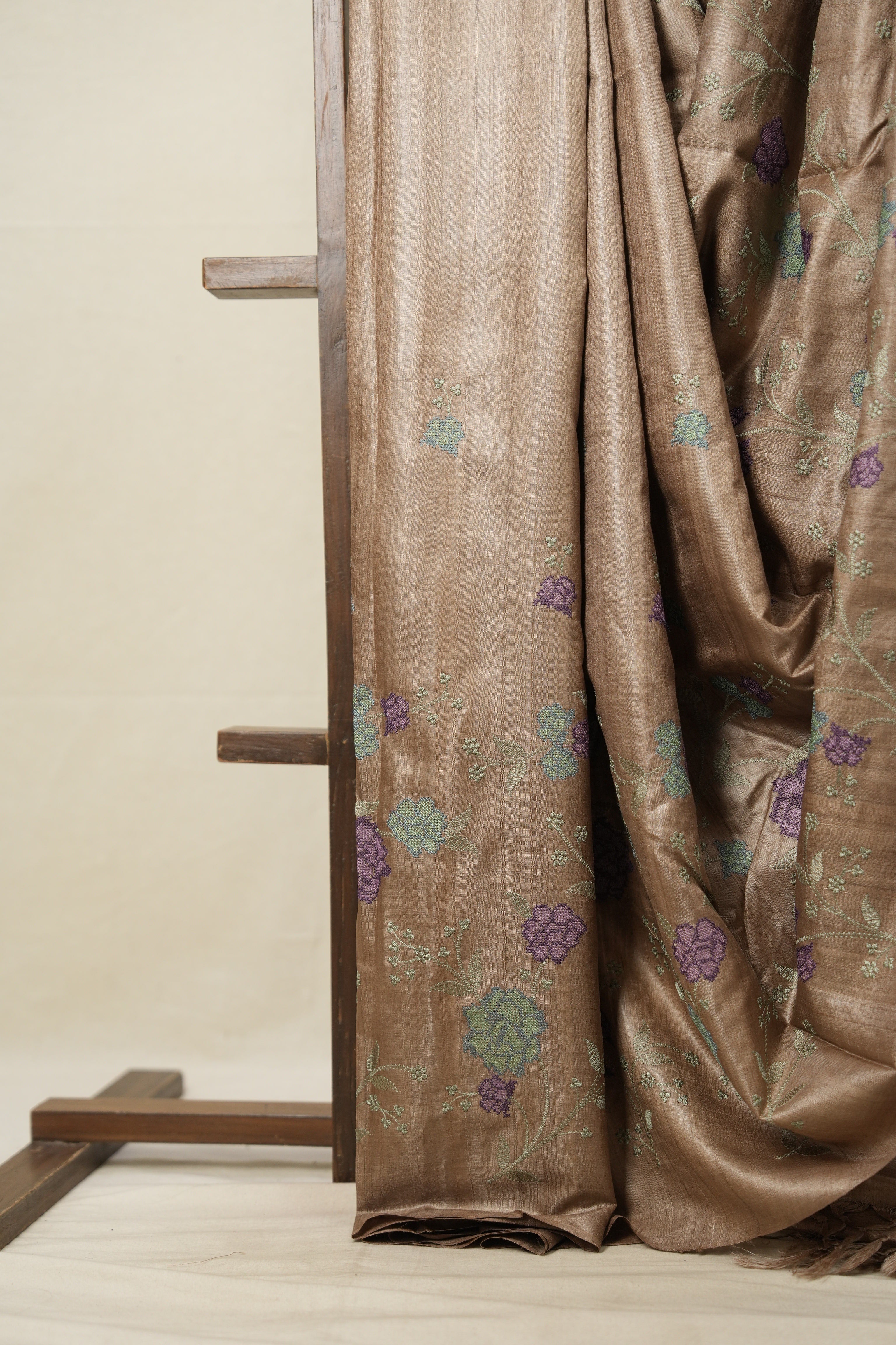 Copper Machine Embroidered Tussar Silk Saree - SRCETSS1491