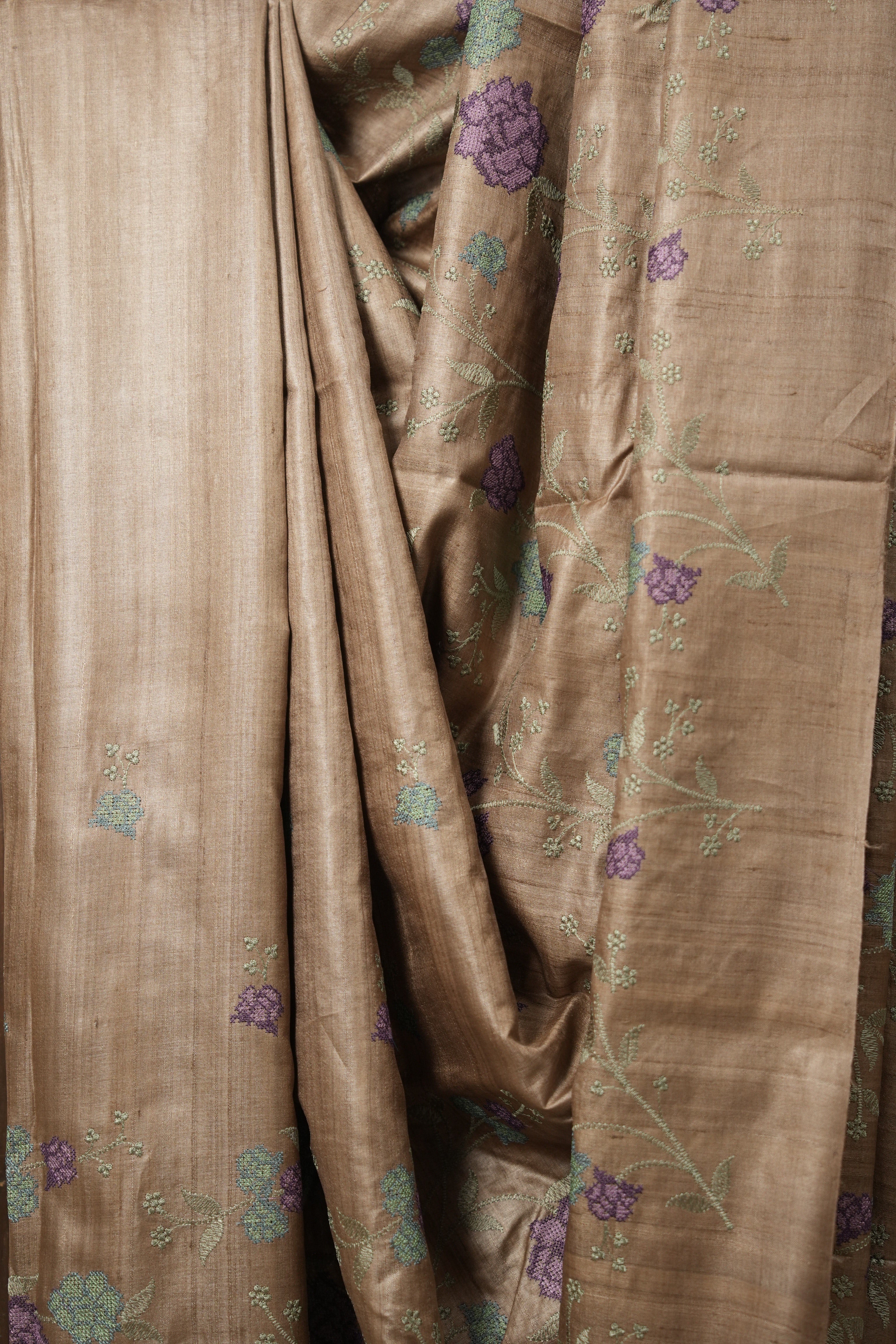 Copper Machine Embroidered Tussar Silk Saree - SRCETSS1491
