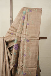 Copper Machine Embroidered Tussar Silk Saree - SRCETSS1491