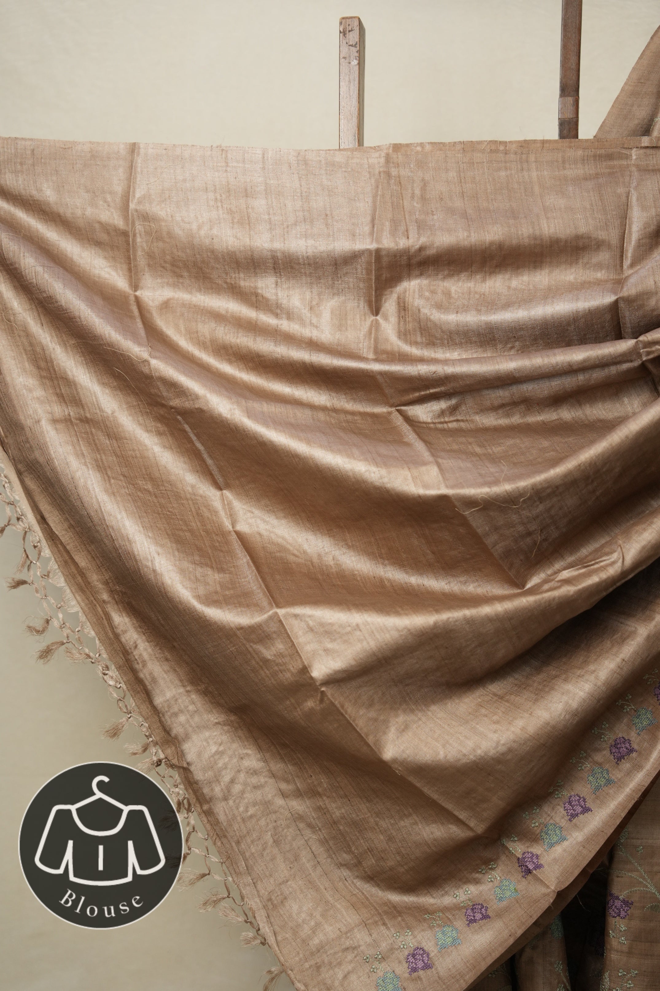 Copper Machine Embroidered Tussar Silk Saree - SRCETSS1491