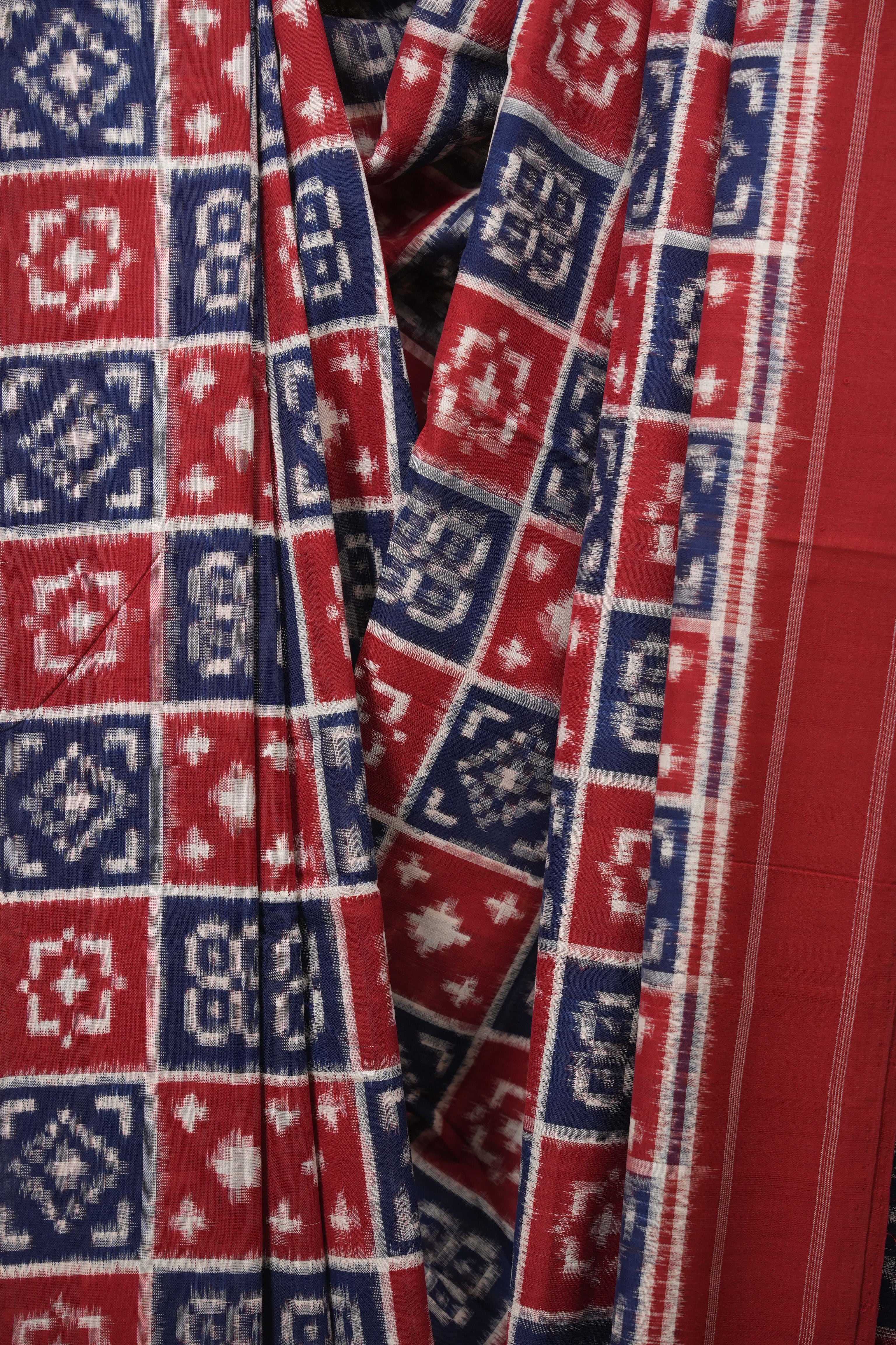 Red Blue Pochampalli Cotton Ikat Saree - SRRBPCIS731