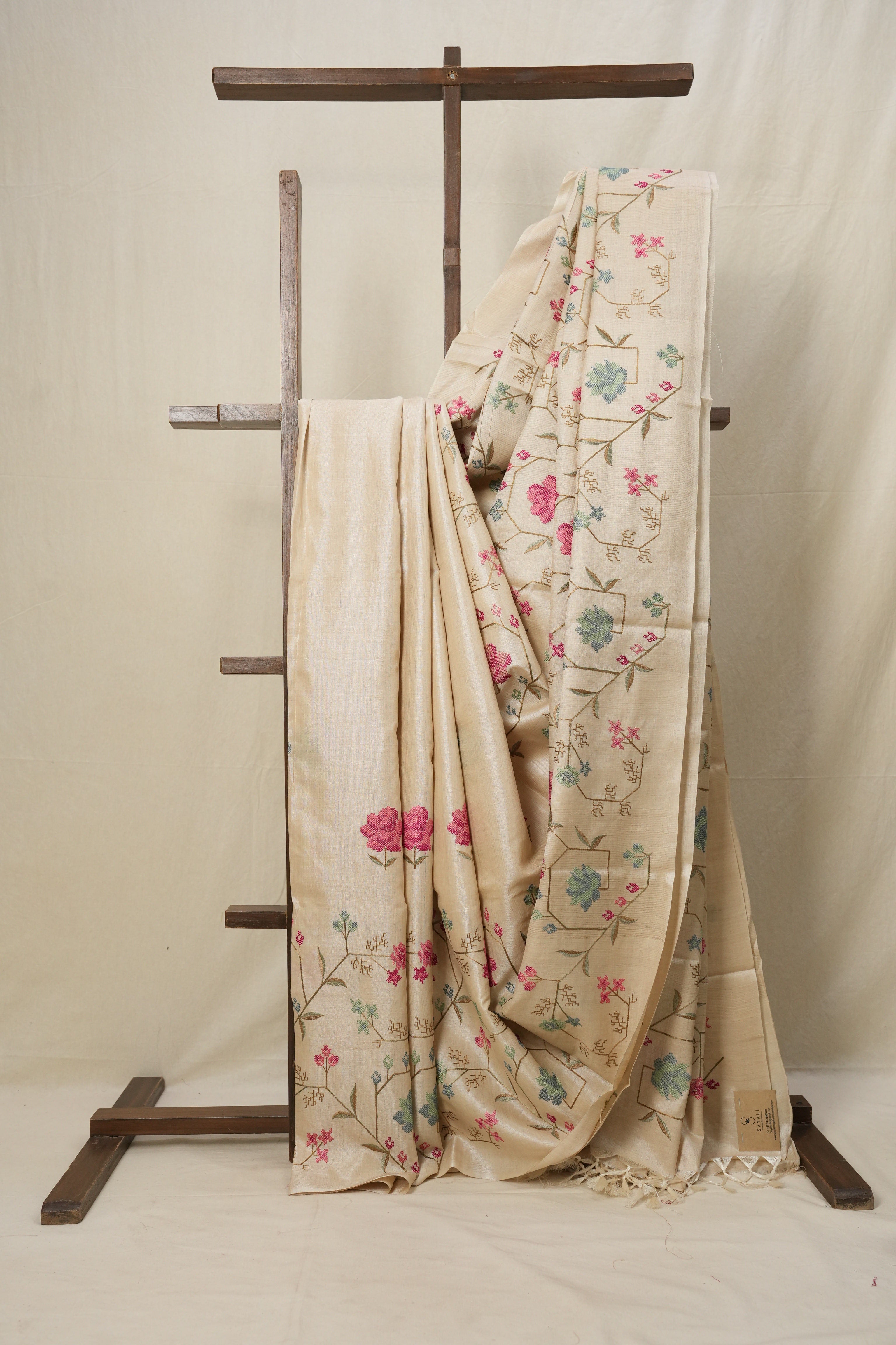 Cream Machine Embroidered Tussar Silk Saree - SRCMETSS1466