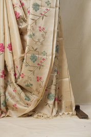 Cream Machine Embroidered Tussar Silk Saree - SRCMETSS1466