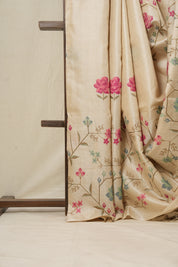 Cream Machine Embroidered Tussar Silk Saree - SRCMETSS1466