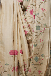Cream Machine Embroidered Tussar Silk Saree - SRCMETSS1466