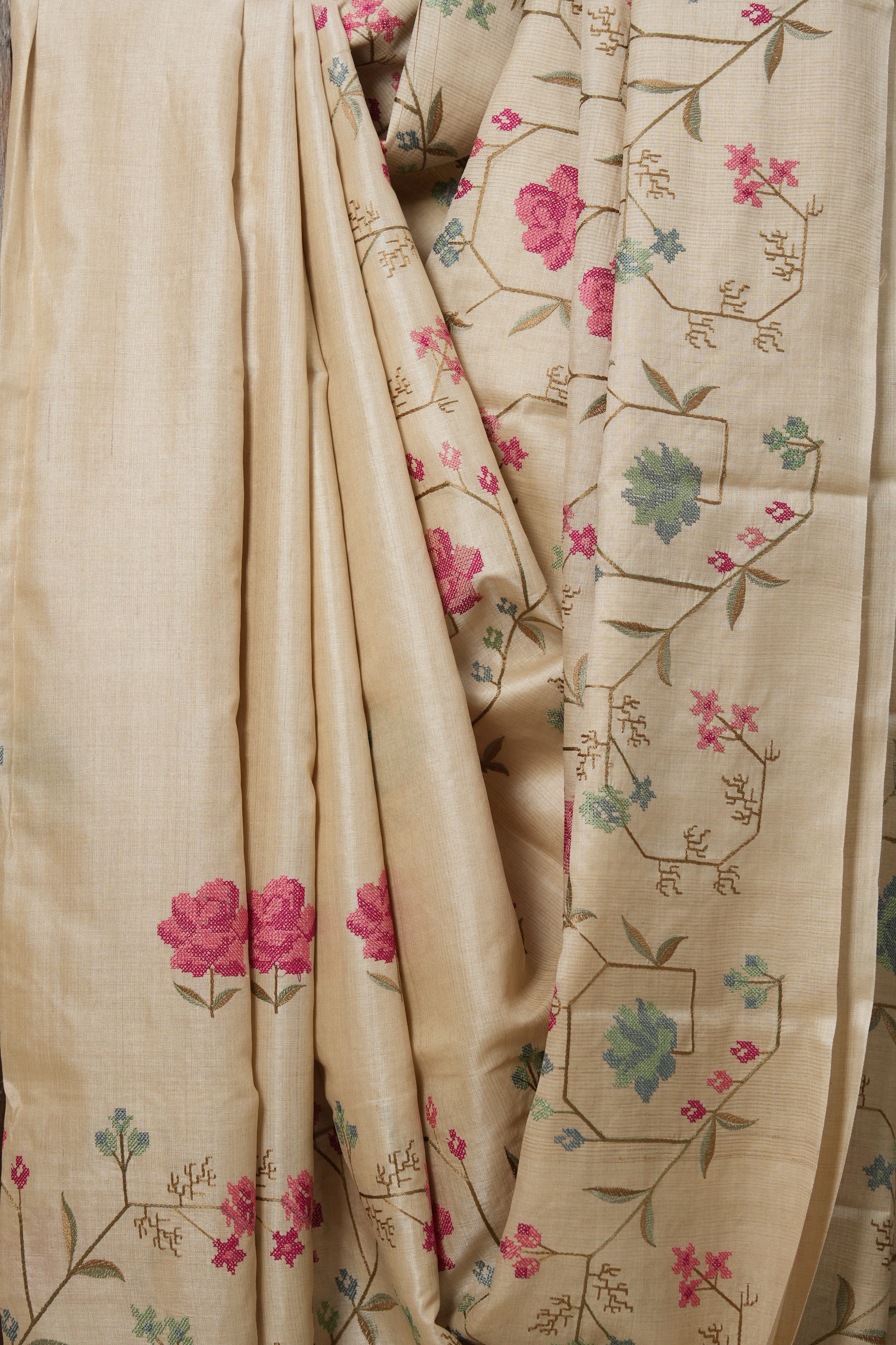 Cream Machine Embroidered Tussar Silk Saree - SRCMETSS1466