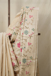 Cream Machine Embroidered Tussar Silk Saree - SRCMETSS1466