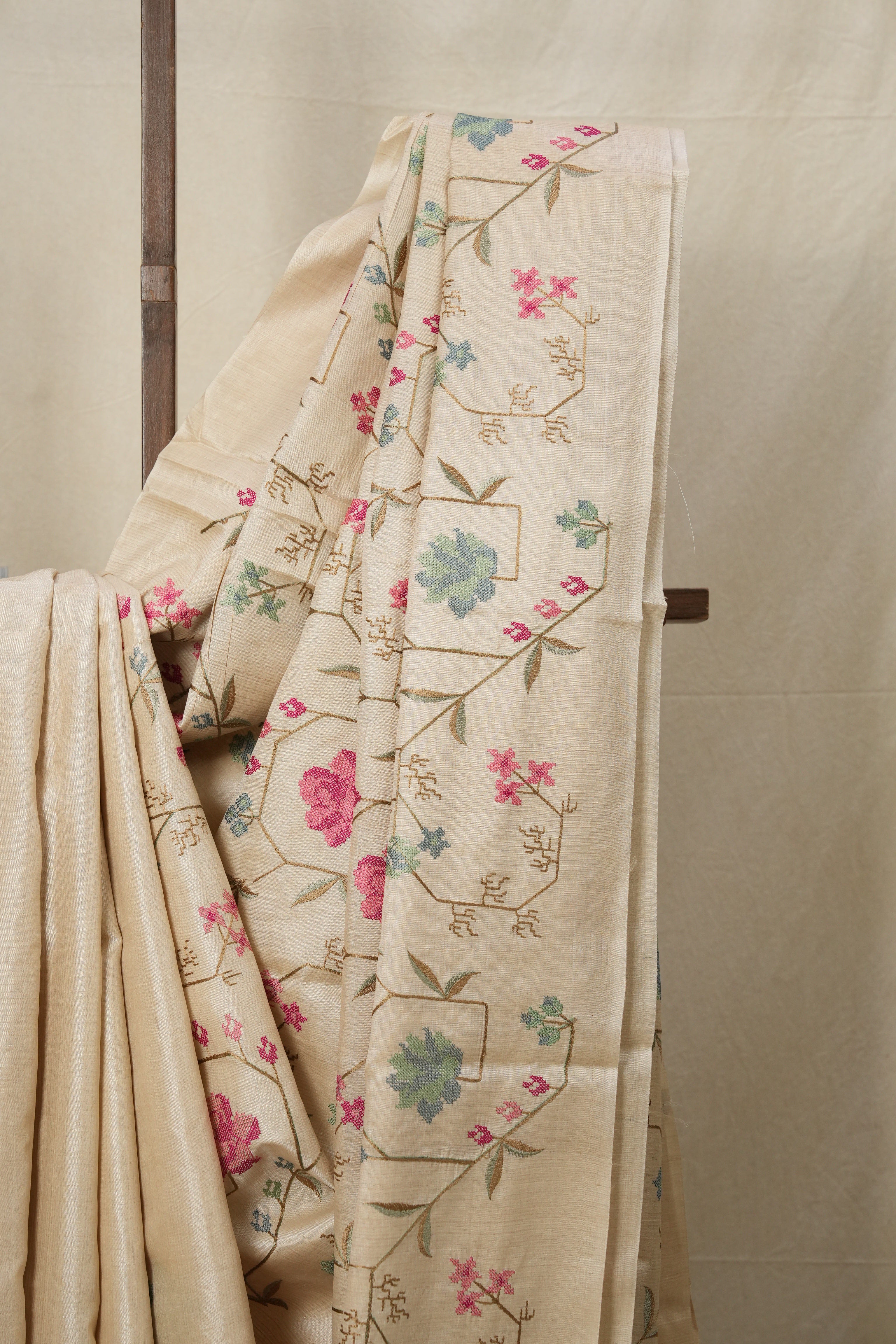 Cream Machine Embroidered Tussar Silk Saree - SRCMETSS1466