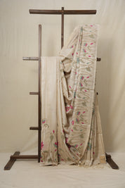 Cream Machine Embroidered Tussar Silk Saree - SRCMETSS1464