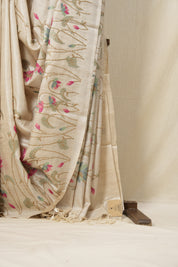 Cream Machine Embroidered Tussar Silk Saree - SRCMETSS1464