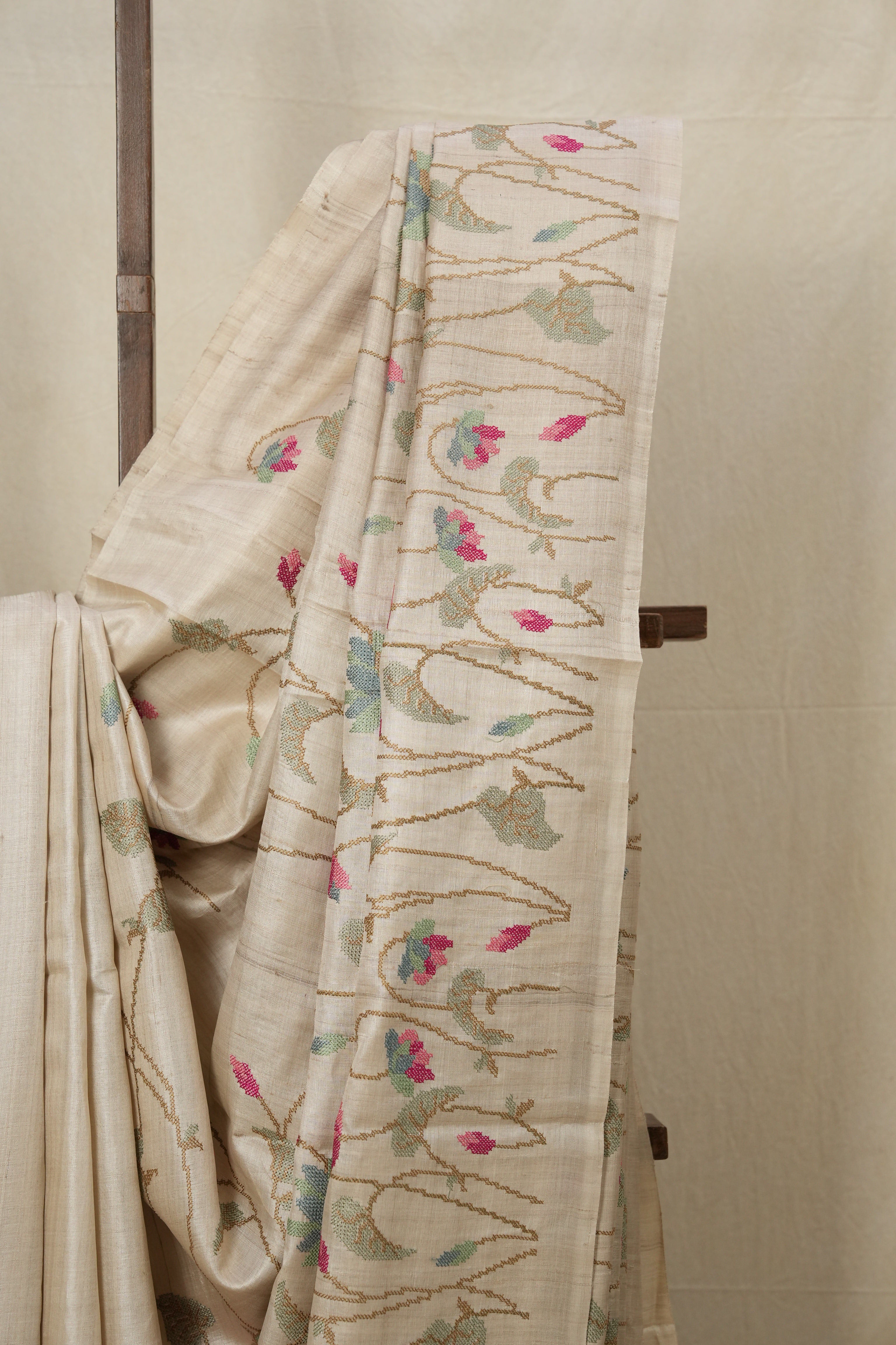 Cream Machine Embroidered Tussar Silk Saree - SRCMETSS1464