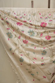 Cream Machine Embroidered Tussar Silk Saree - SRCMETSS1464