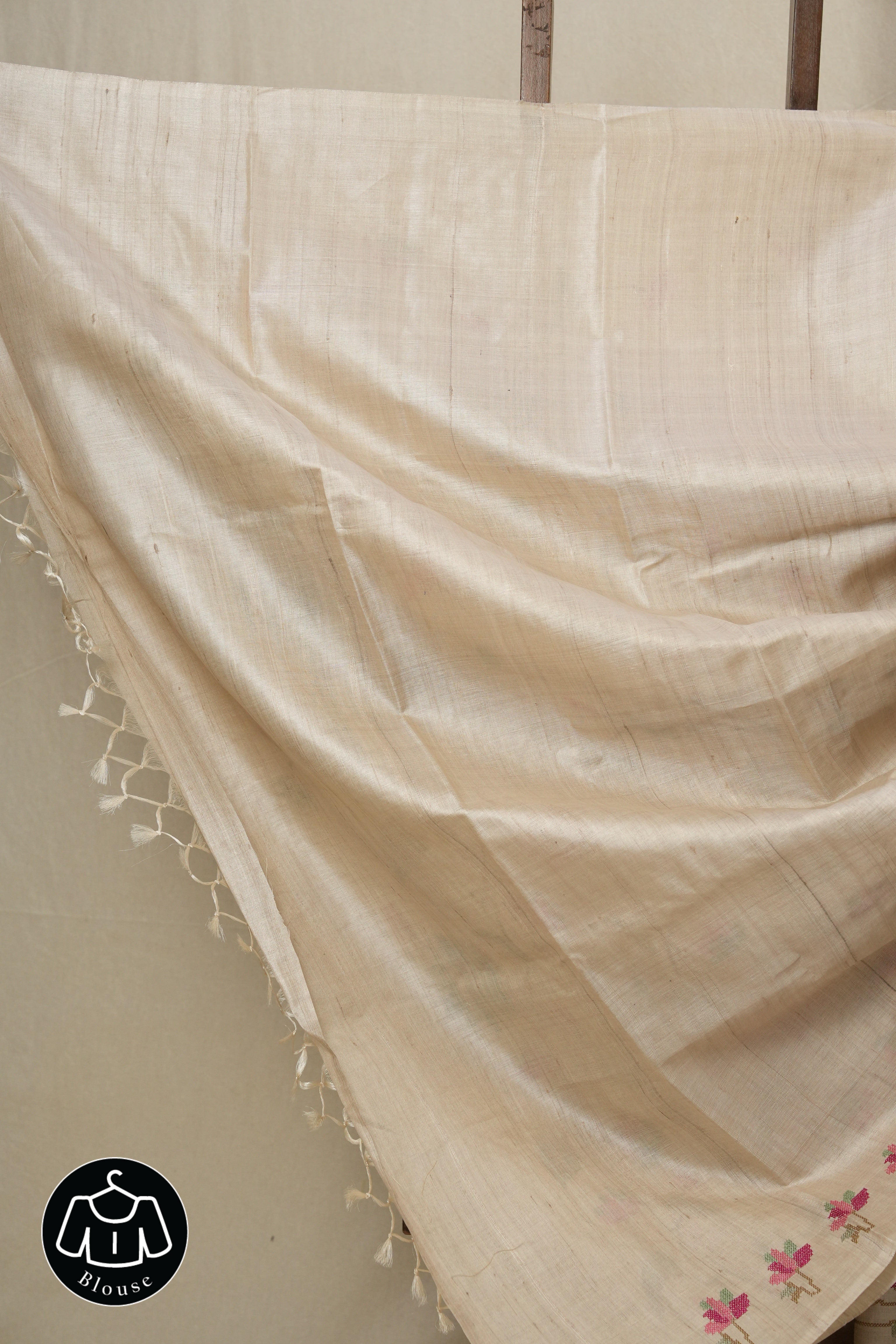 Cream Machine Embroidered Tussar Silk Saree - SRCMETSS1464