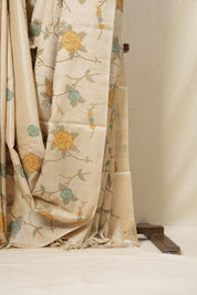 Cream Machine Embroidered Tussar Silk Saree - SRCMETSS1465