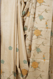 Cream Machine Embroidered Tussar Silk Saree - SRCMETSS1465