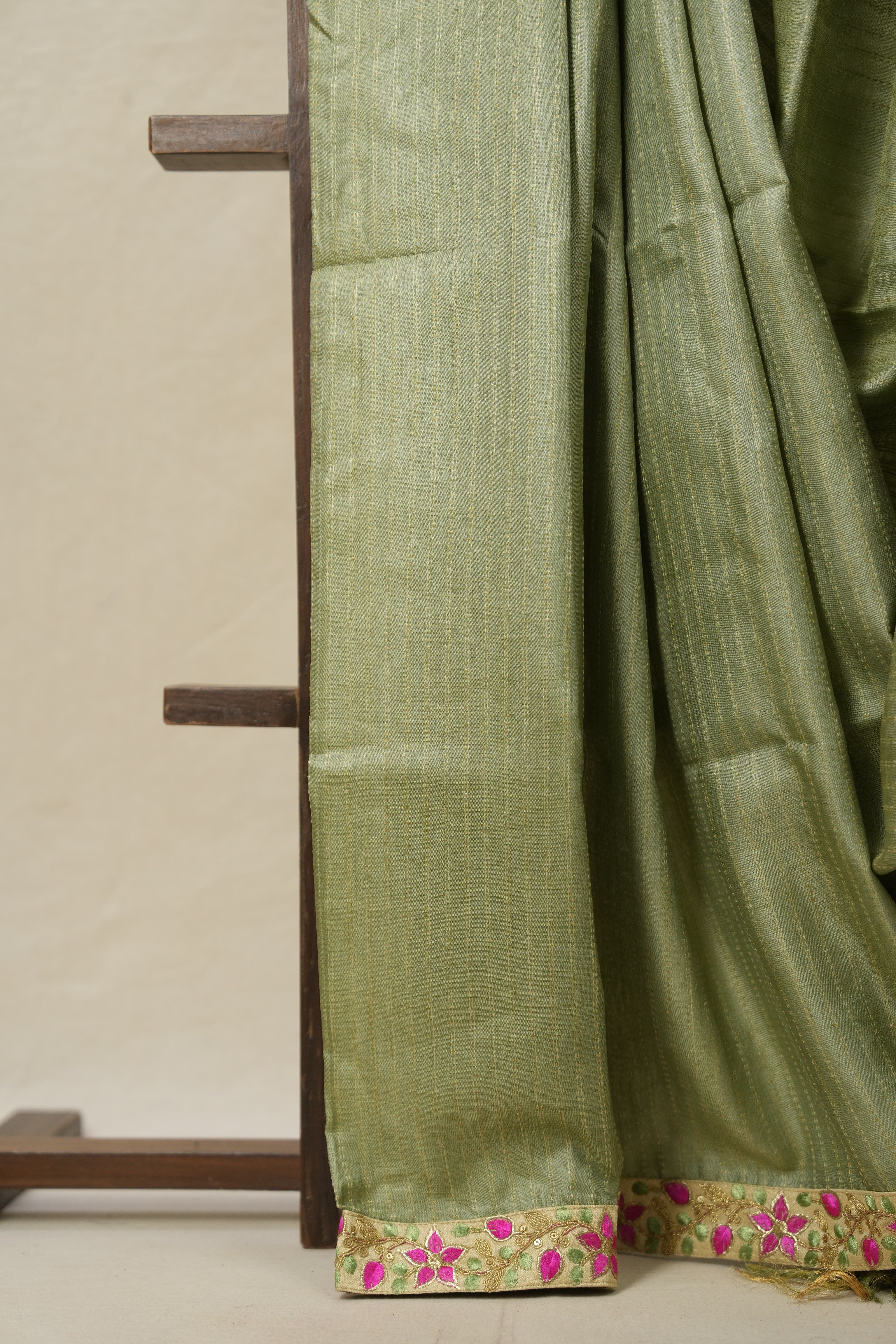 Sage Green Tussar Silk Saree With Lace - SRSGTSSWL16