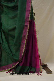 Green Bengal Cotton Saree With Lace - SRGBCSWL06
