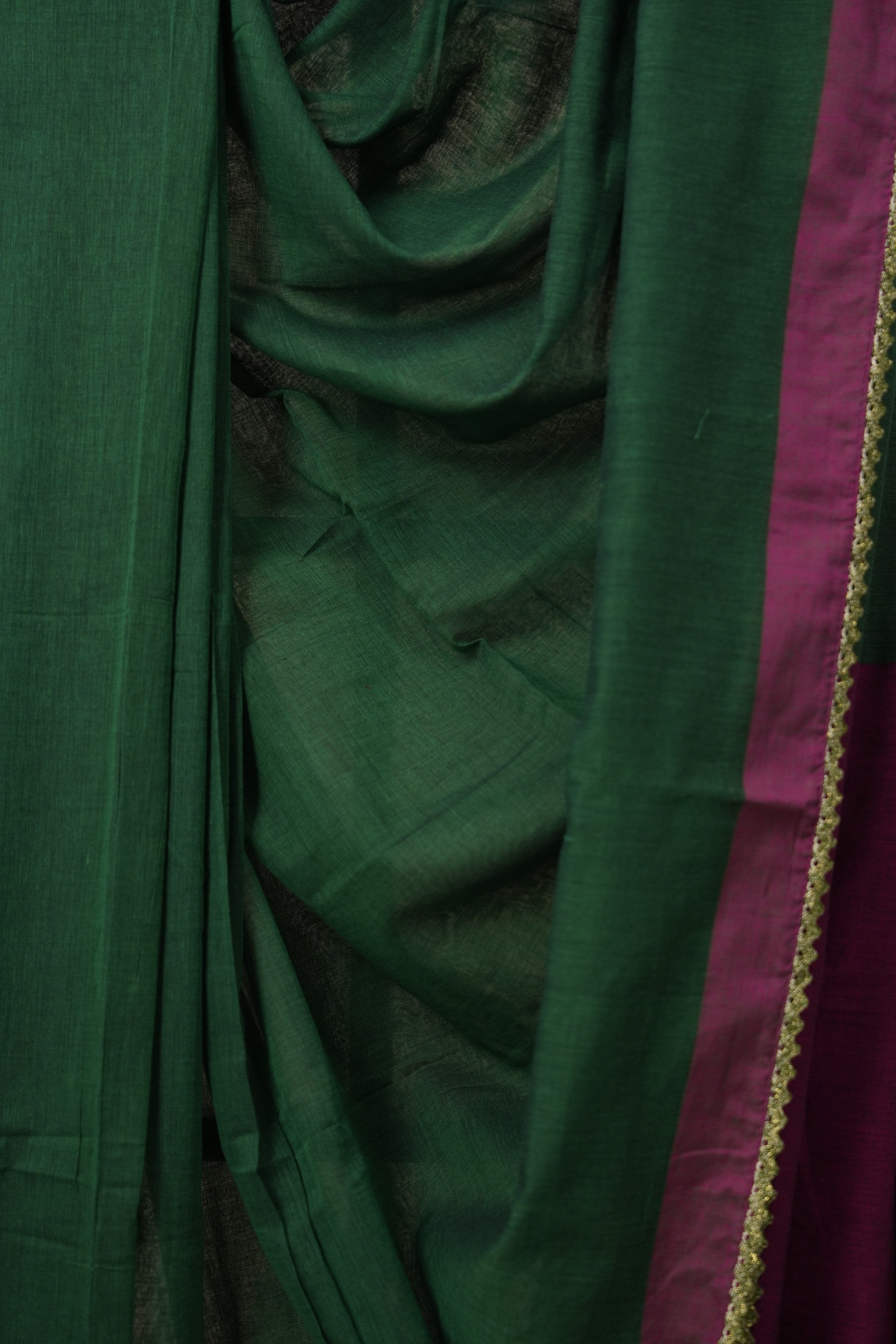 Green Bengal Cotton Saree With Lace - SRGBCSWL06