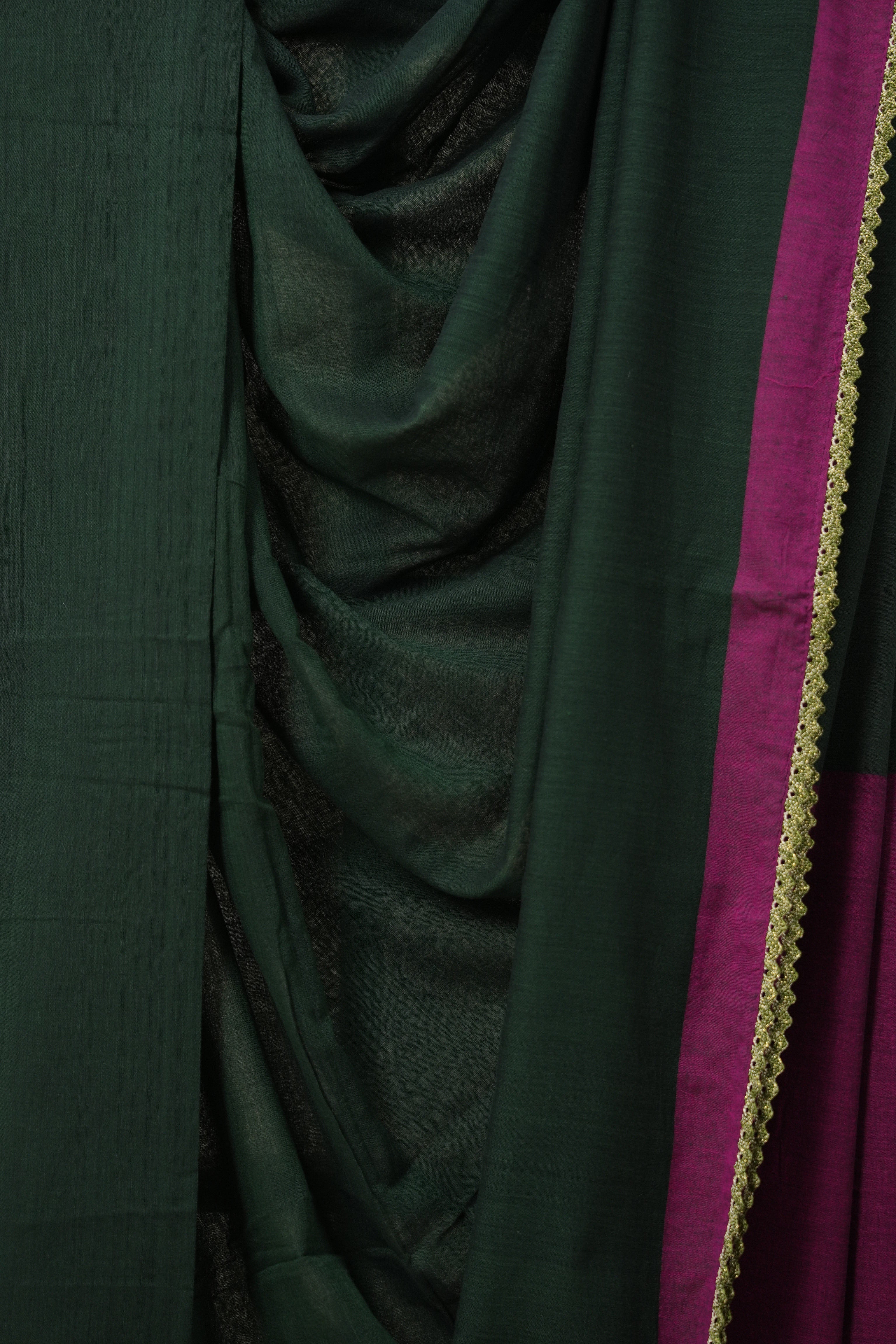 Bottle Green Bengal Cotton Saree With Lace - SRBGBCSL02