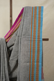 Grey Plain Cotton Patteda Anchu Saree With Gomi Border - SRGPAS302