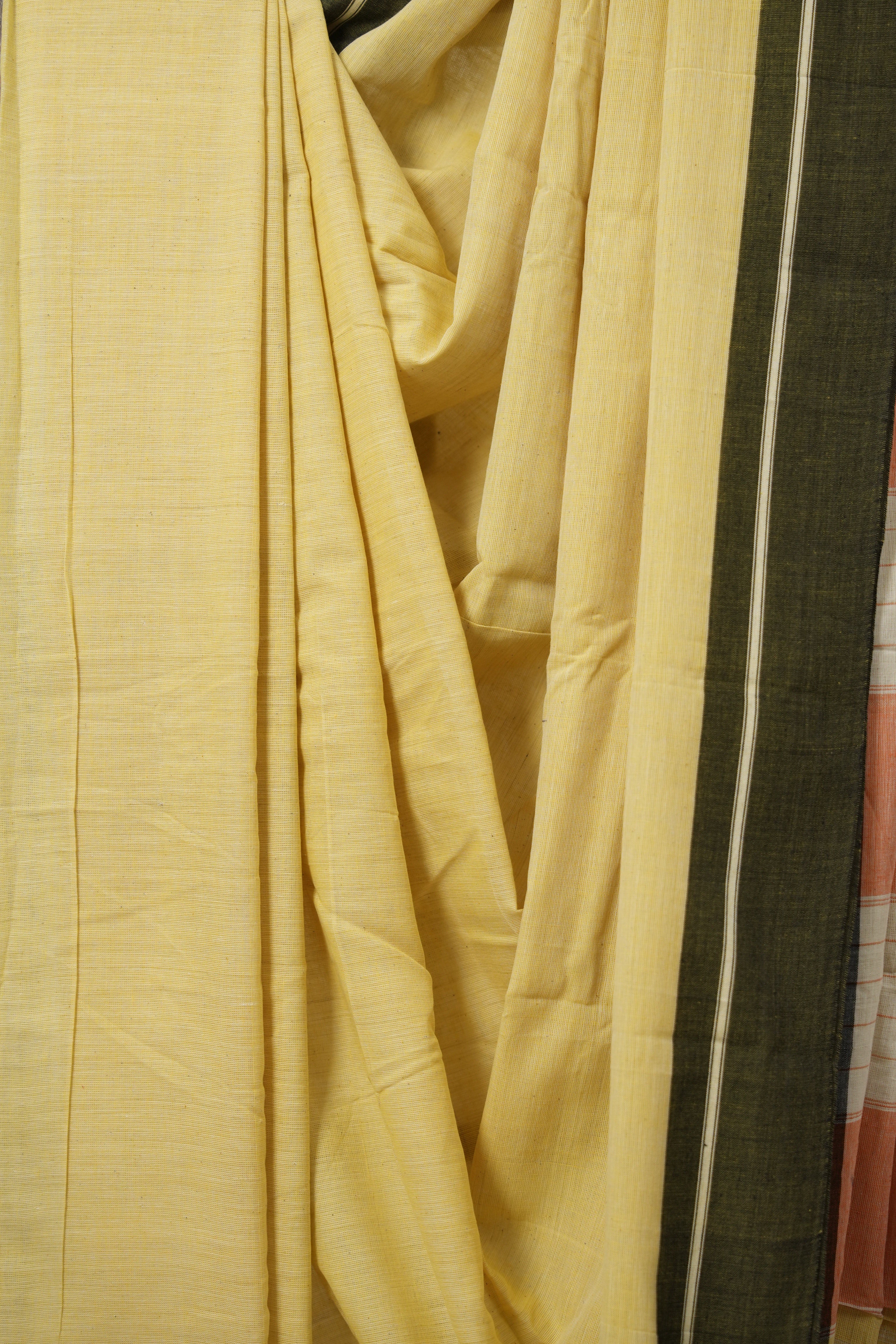 Pastel Yellow Plain Cotton Patteda Anchu Saree - SRPYPAS350