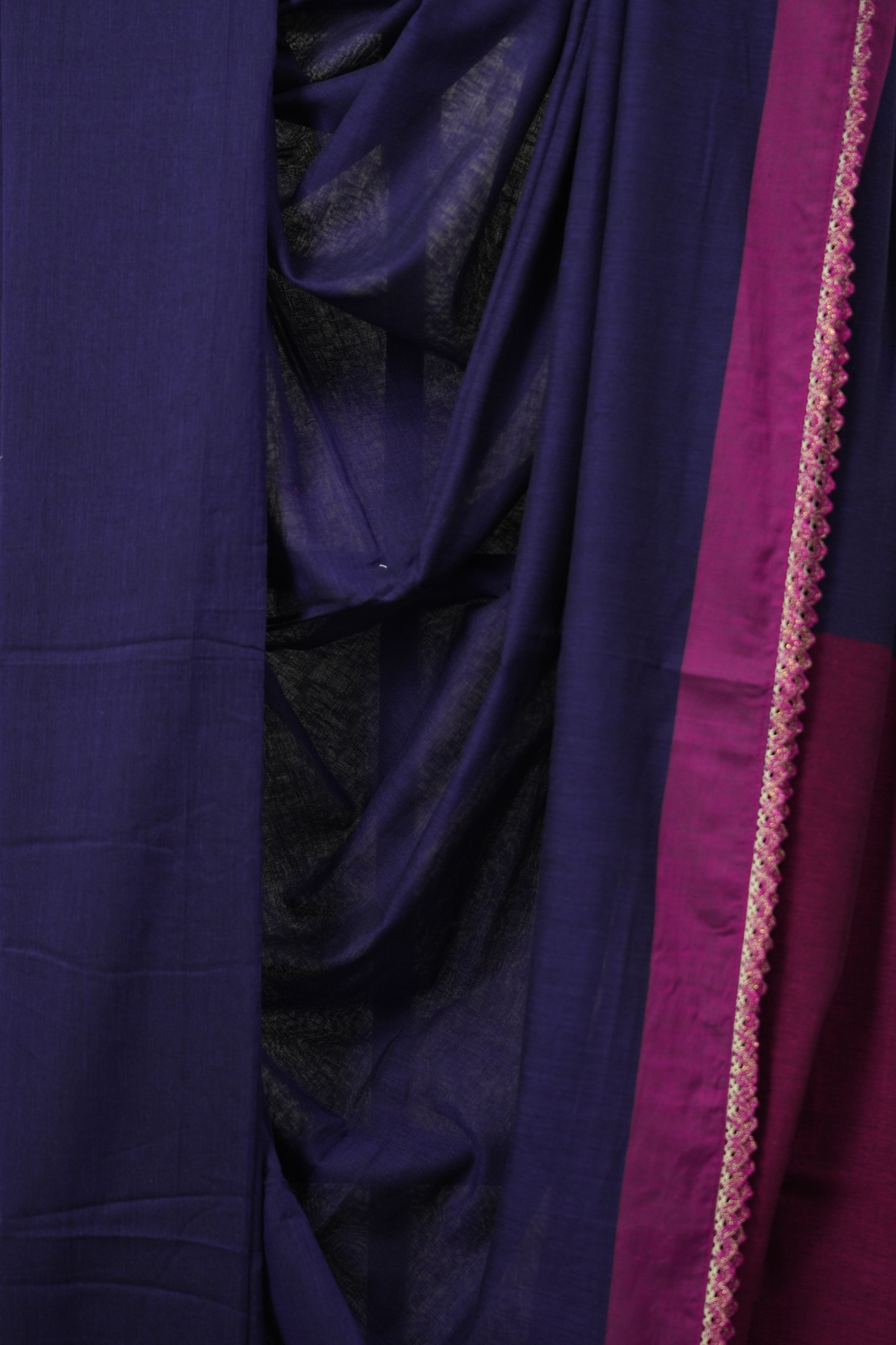 Royal Blue Bengal Cotton Saree With Lace - SRRBBCSWL14