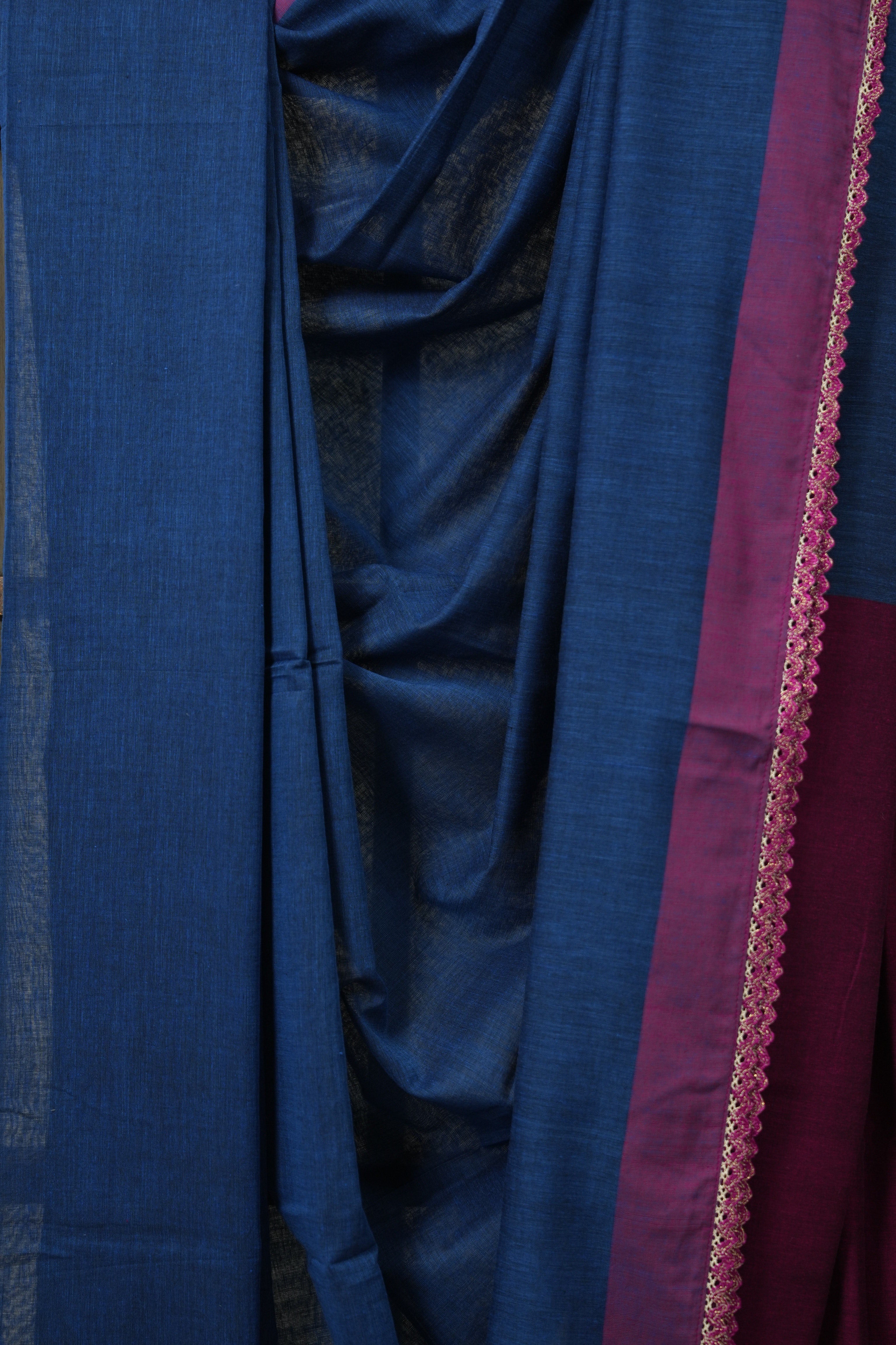 Nevy Blue Bengal Cotton Saree With Lace - SRTBBCSWL12