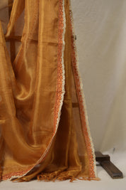 Orange - Gold Tissue Tussar Silk Saree With Lace - SRGOGTTSSWL15