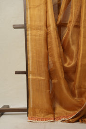 Orange - Gold Tissue Tussar Silk Saree With Lace - SRGOGTTSSWL15