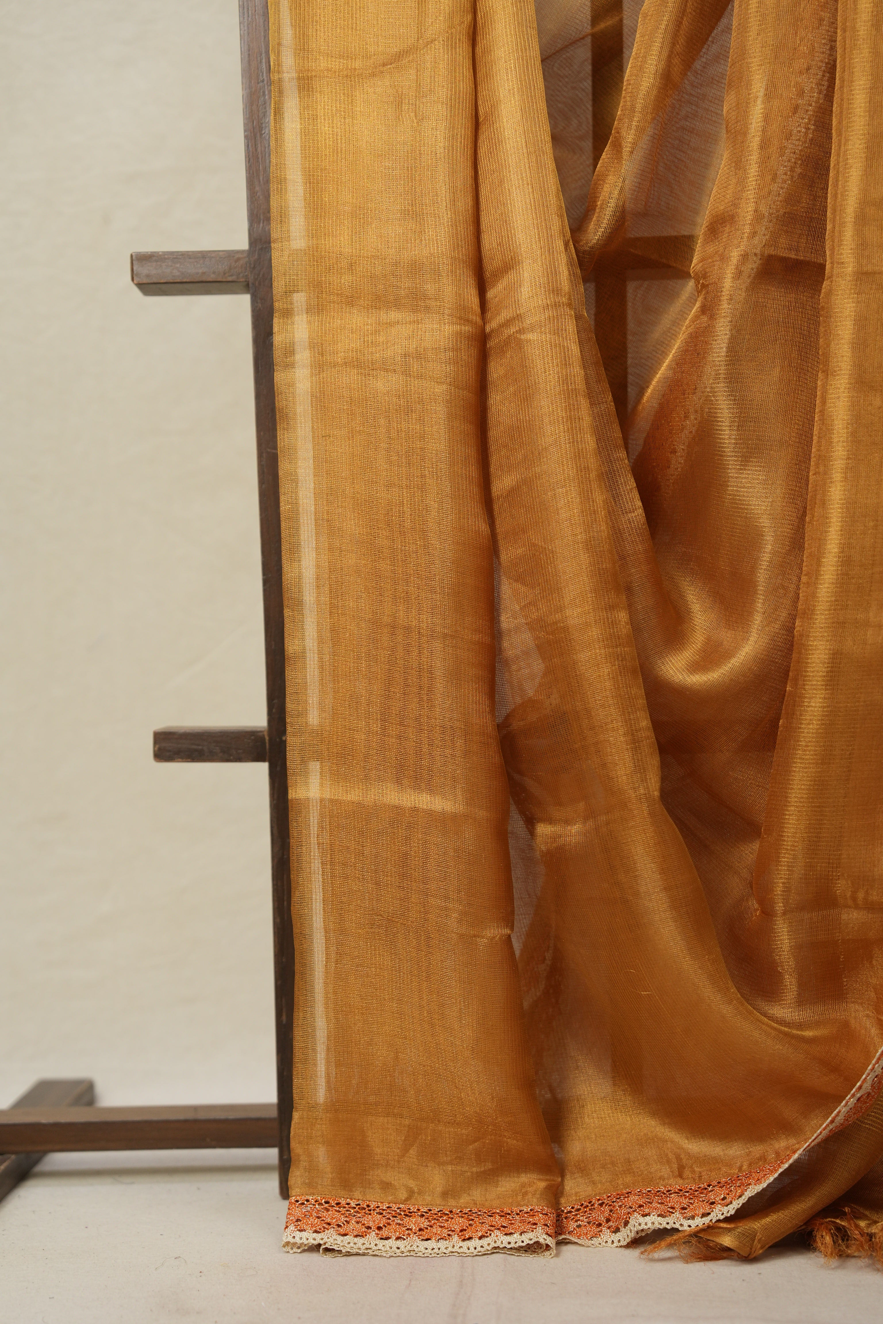 Orange - Gold Tissue Tussar Silk Saree With Lace - SRGOGTTSSWL15