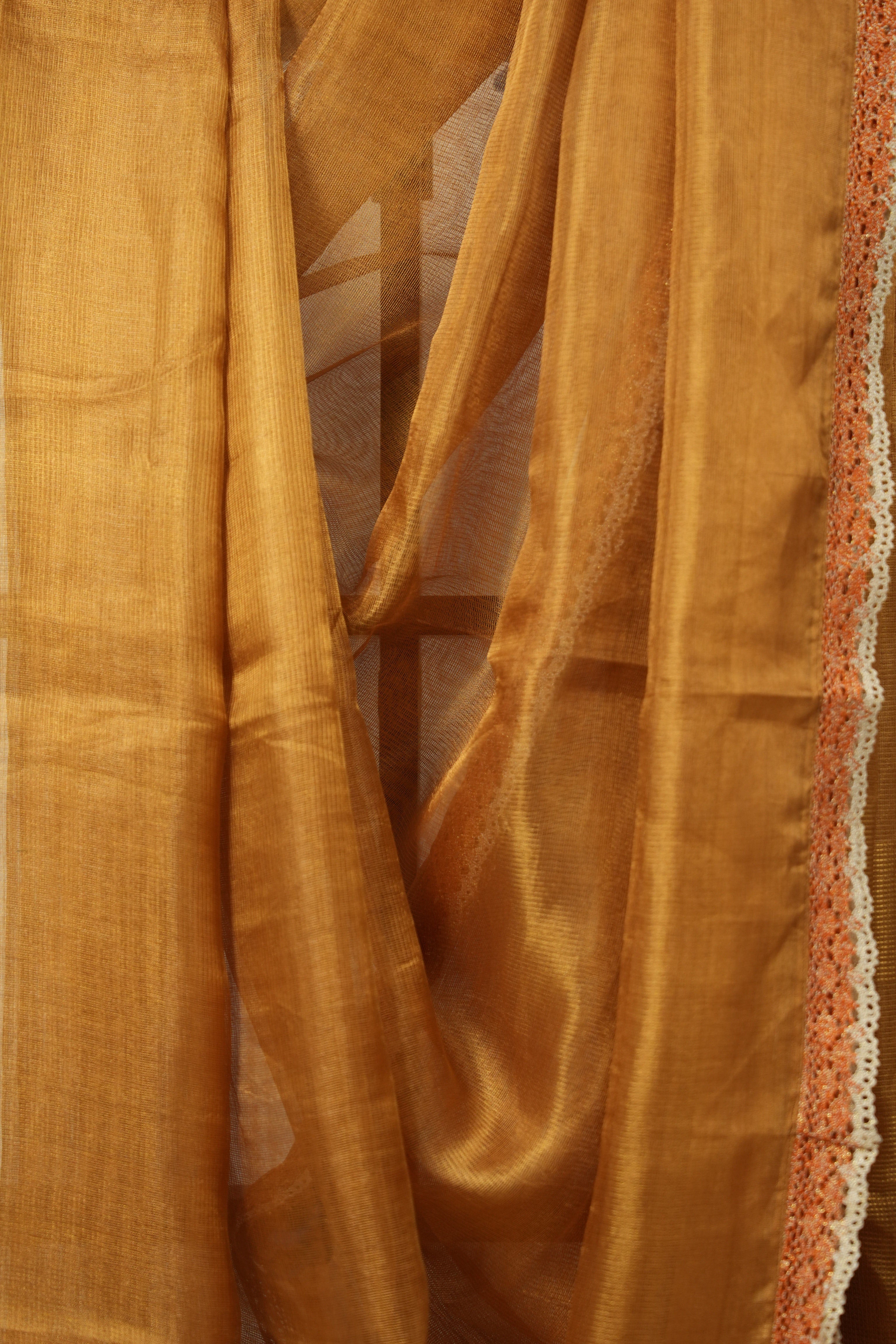 Orange - Gold Tissue Tussar Silk Saree With Lace - SRGOGTTSSWL15