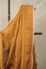 Orange - Gold Tissue Tussar Silk Saree With Lace - SRGOGTTSSWL15