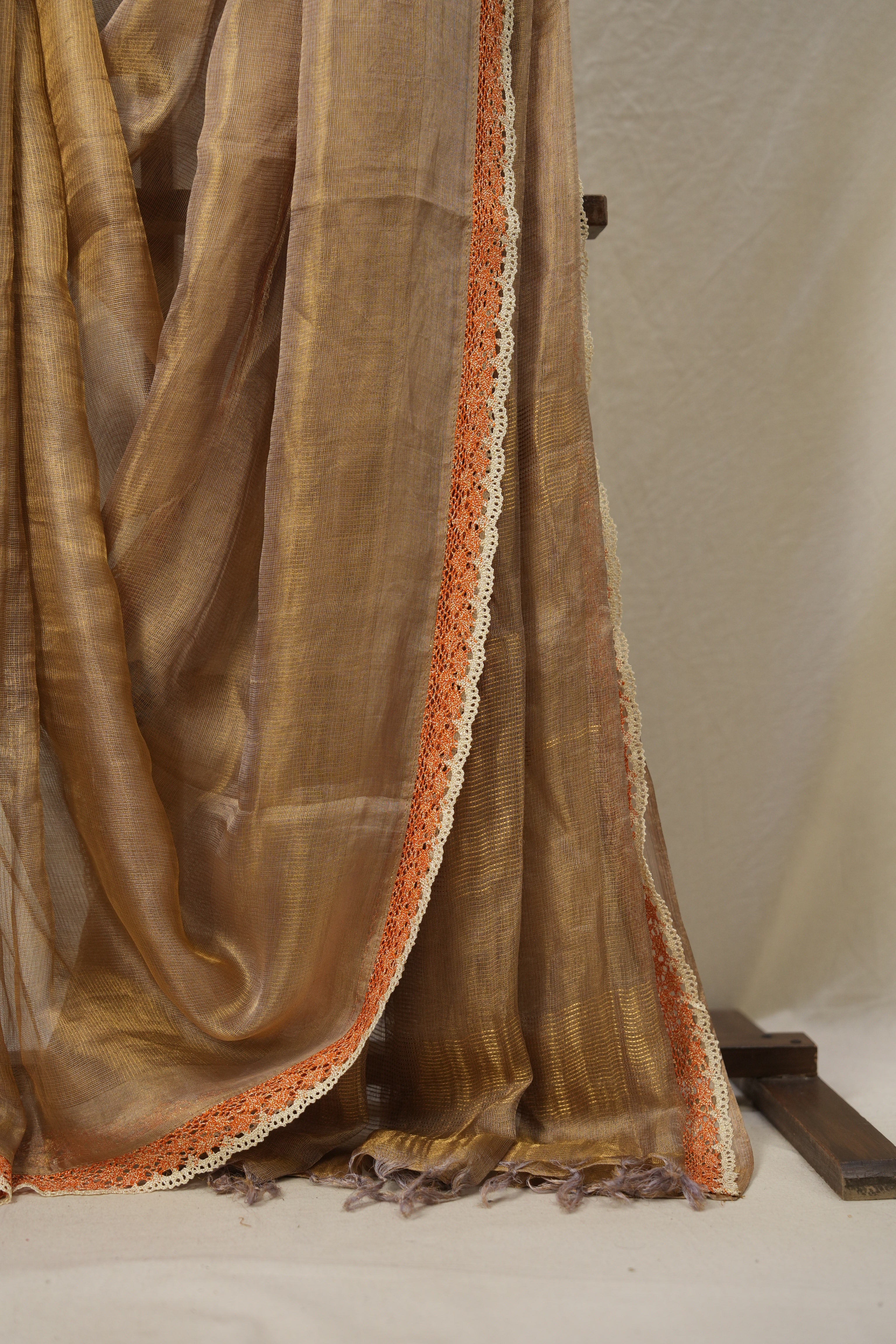 Grey-Lavender - Gold Tissue Tussar Silk Saree With Lace - SRGLGTTSSWL13