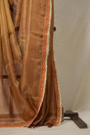 Brown - Gold Tissue Tussar Silk Saree With Lace - SRBGTTSSWL12
