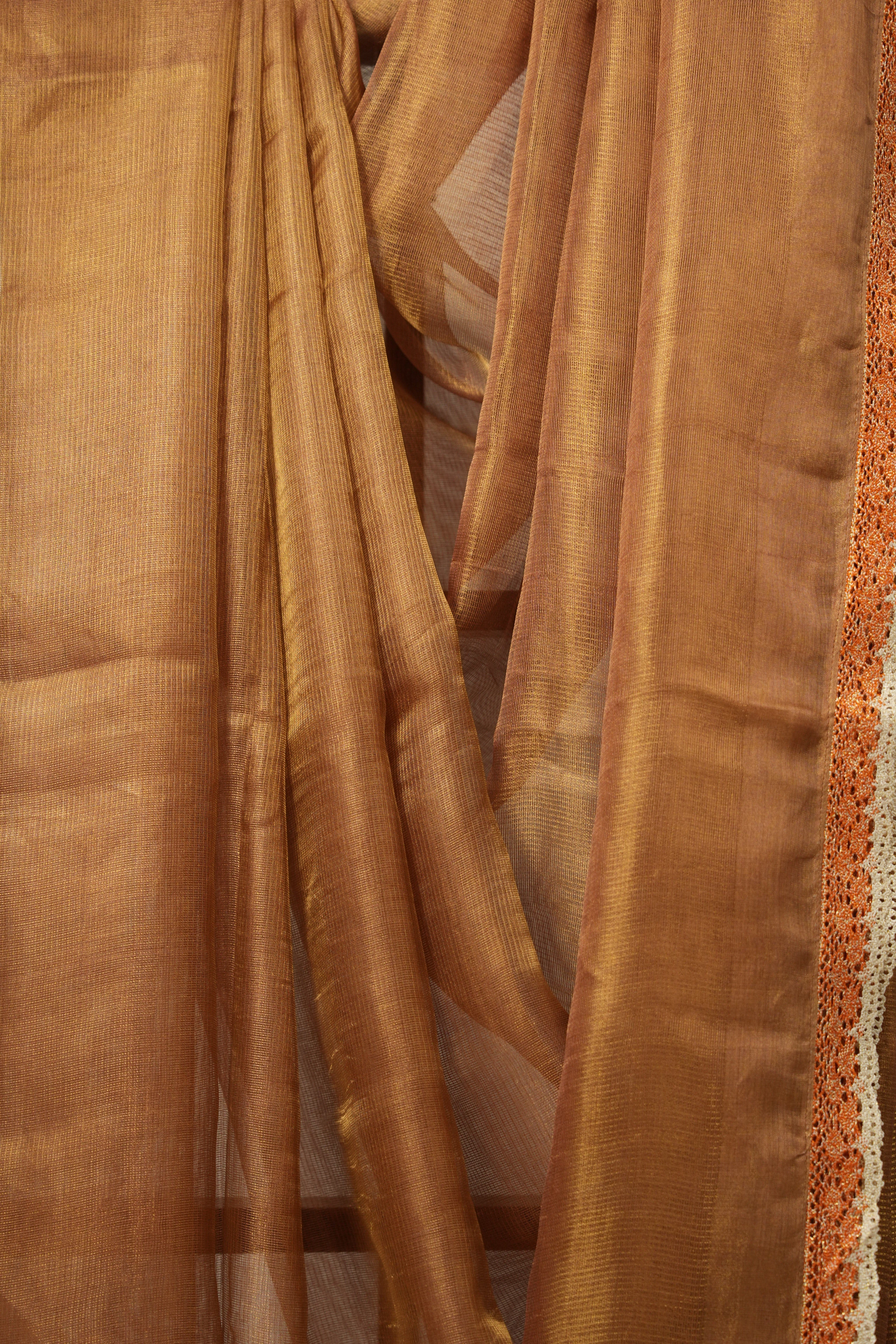 Brown - Gold Tissue Tussar Silk Saree With Lace - SRBGTTSSWL12