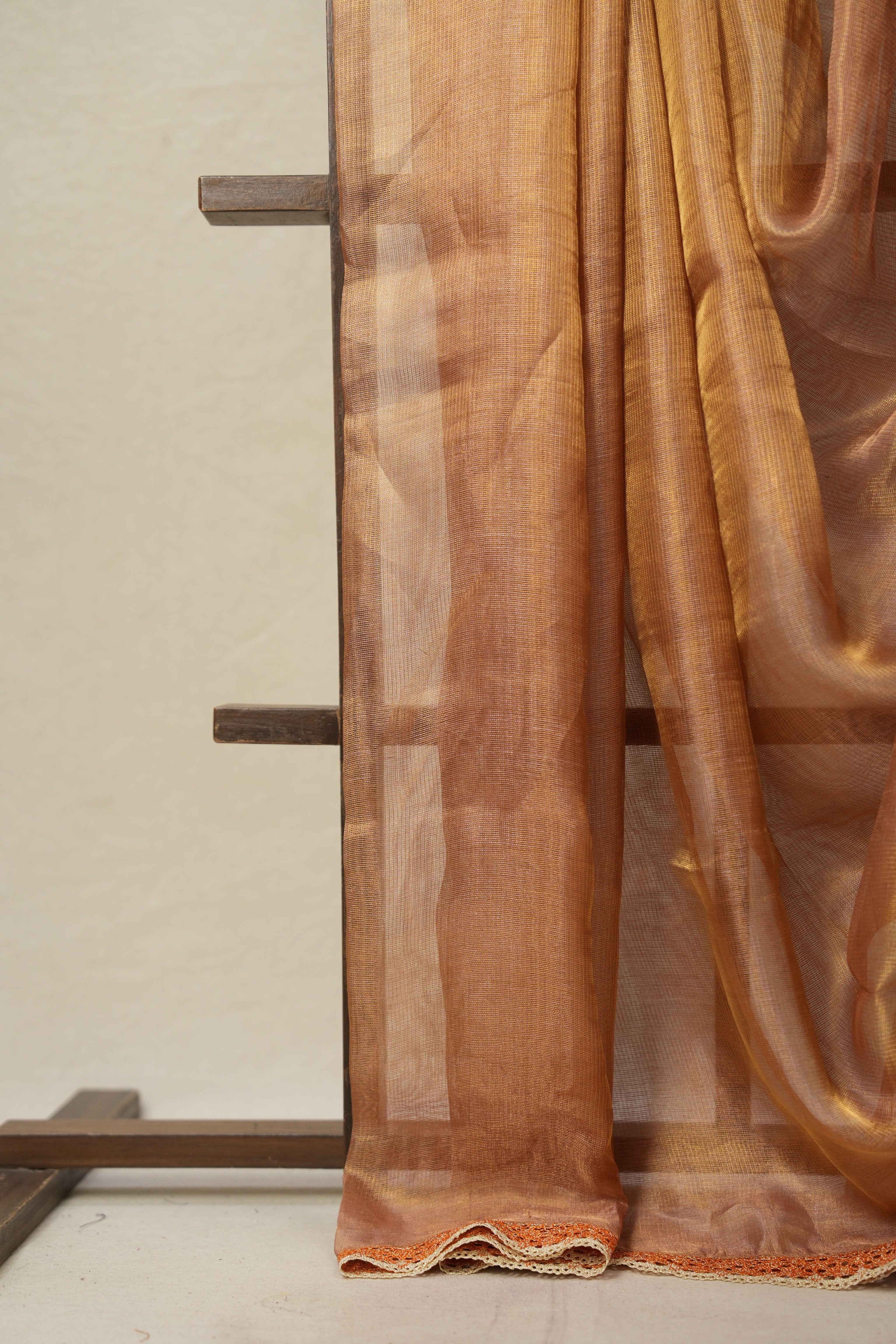 Pink - Gold Tissue Tussar Silk Saree With Lace - SRPGTTSSWL11