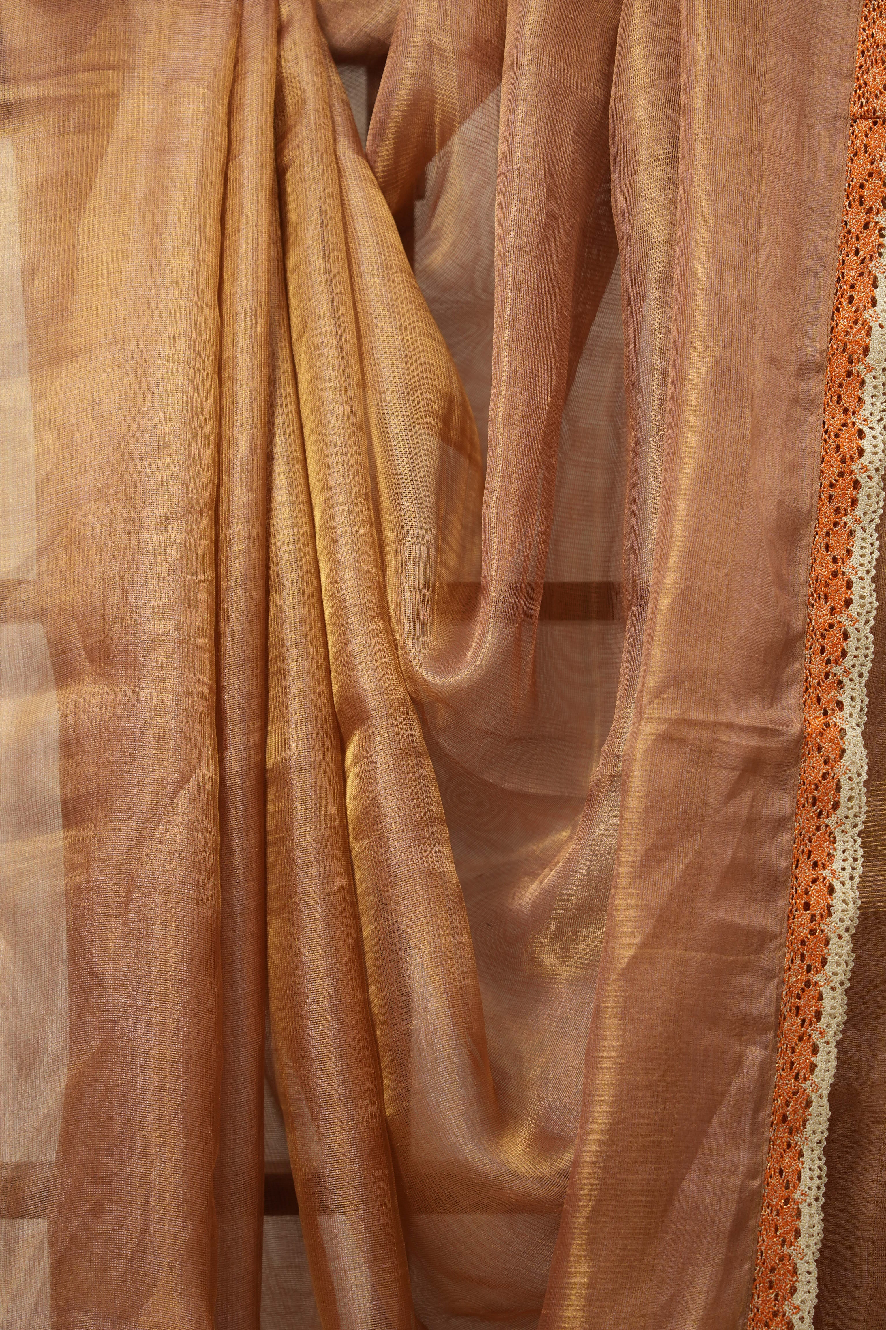 Pink - Gold Tissue Tussar Silk Saree With Lace - SRPGTTSSWL11