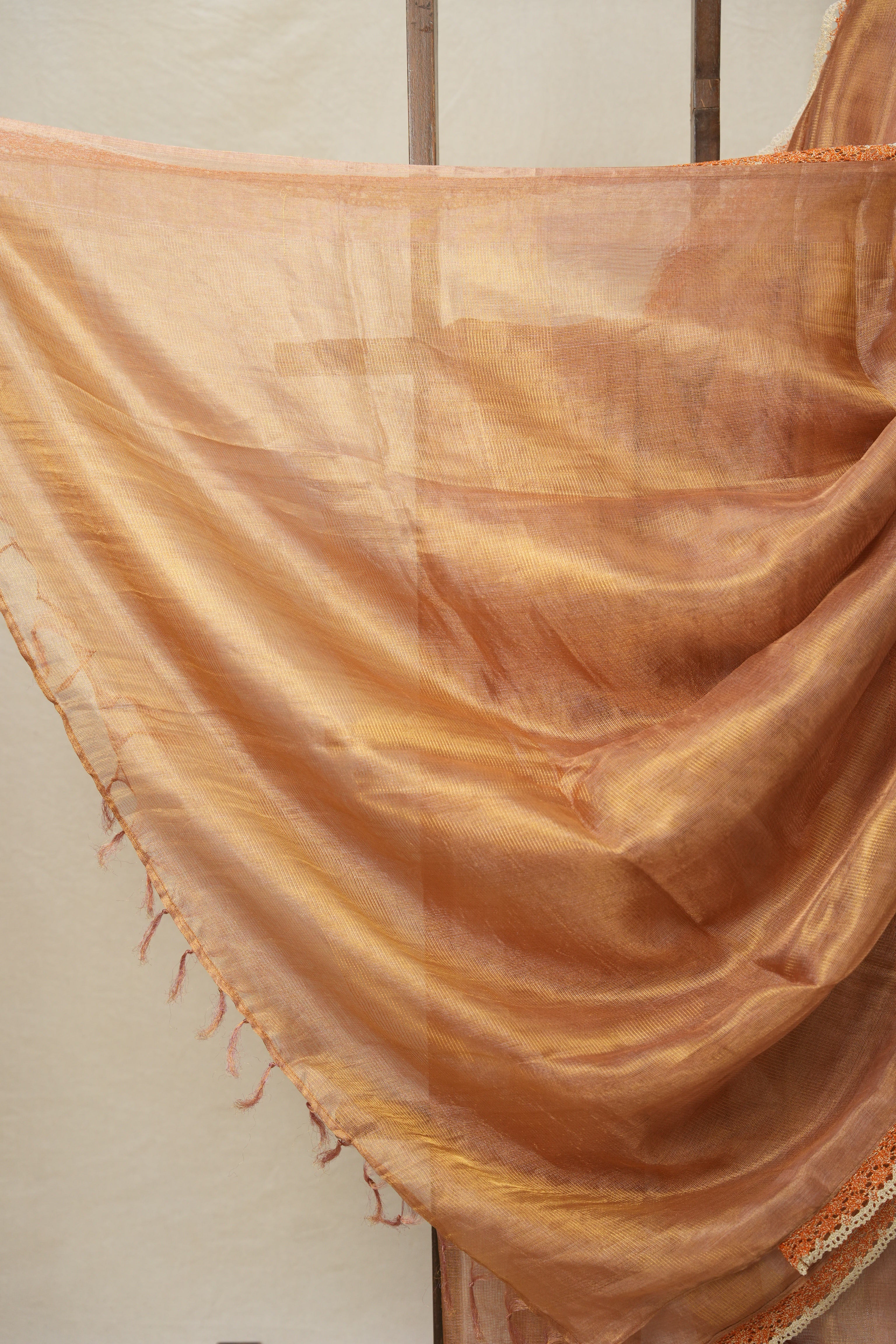 Pink - Gold Tissue Tussar Silk Saree With Lace - SRPGTTSSWL11