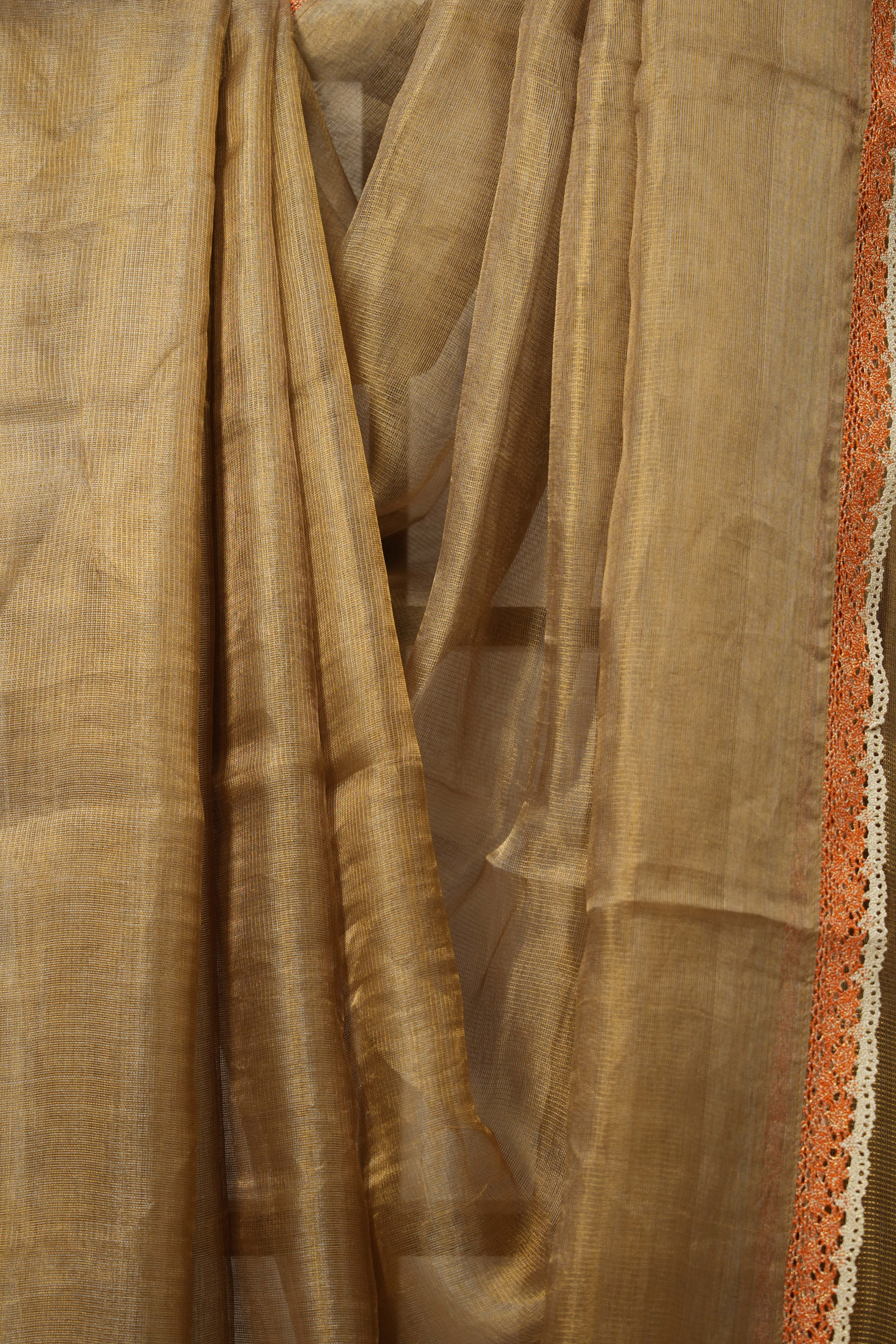 Greyish - Gold Tissue Tussar Silk Saree With Lace - SRGGTTSSWL10
