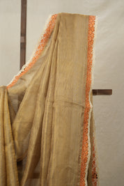 Greyish - Gold Tissue Tussar Silk Saree With Lace - SRGGTTSSWL10