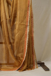 Orange - Gold Tissue Tussar Silk Saree With Lace - SROGTTSSWL09