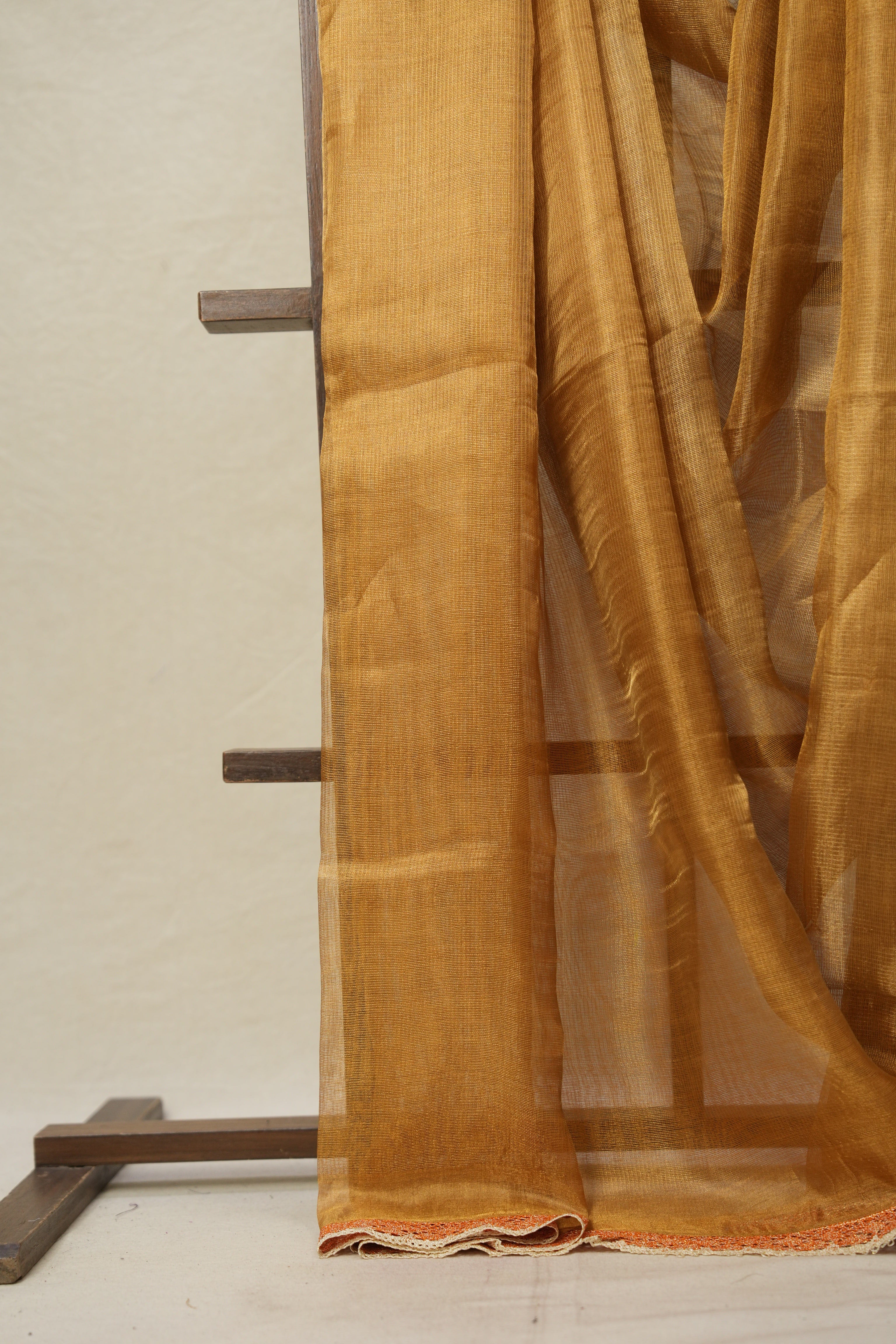 Orange - Gold Tissue Tussar Silk Saree With Lace - SROGTTSSWL09