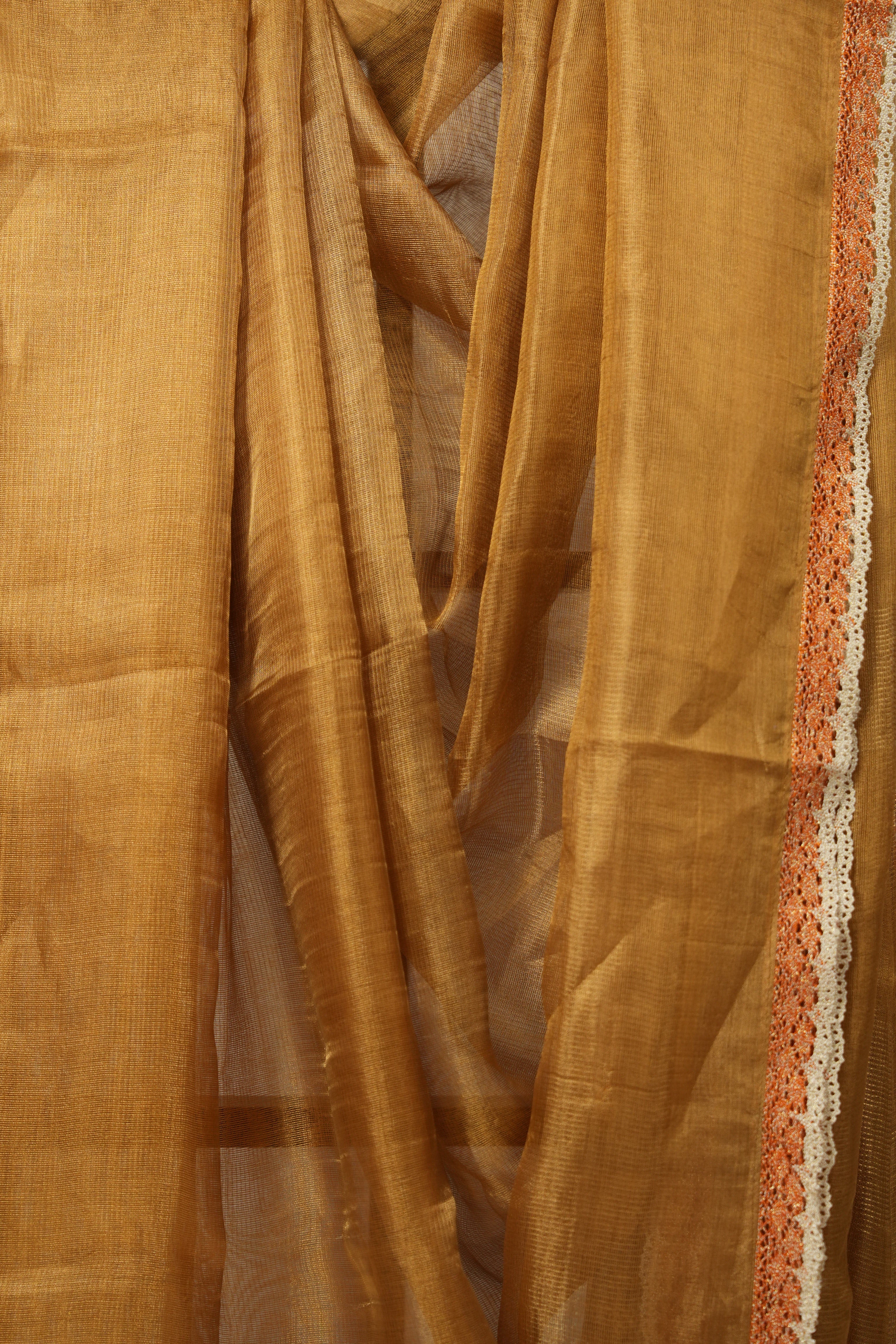 Orange - Gold Tissue Tussar Silk Saree With Lace - SROGTTSSWL09
