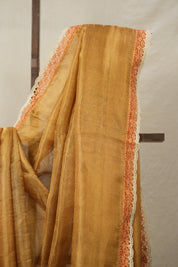 Orange - Gold Tissue Tussar Silk Saree With Lace - SROGTTSSWL09