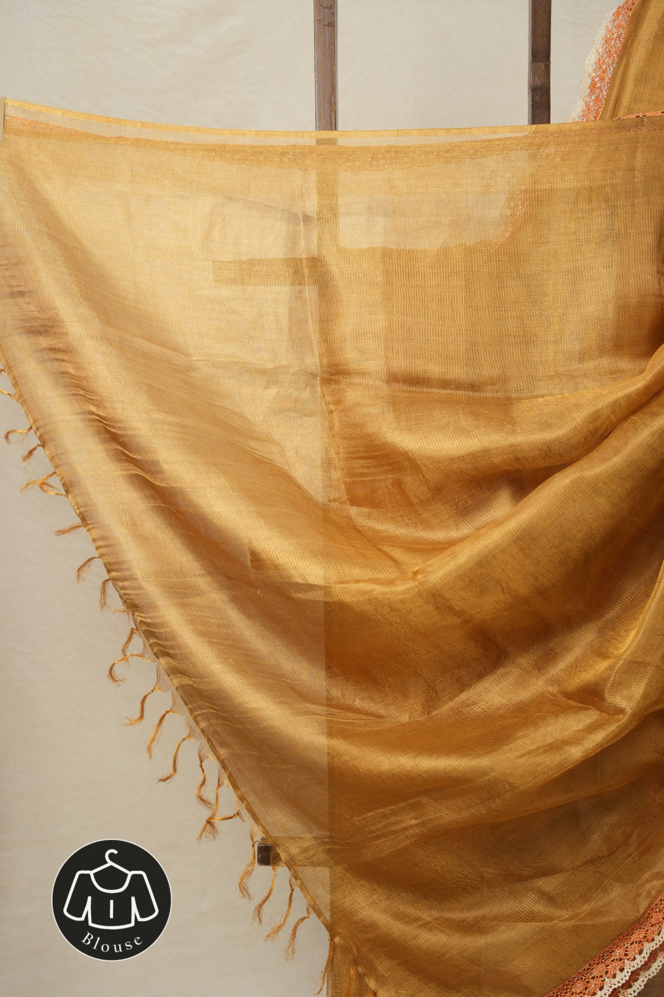 Orange - Gold Tissue Tussar Silk Saree With Lace - SROGTTSSWL09