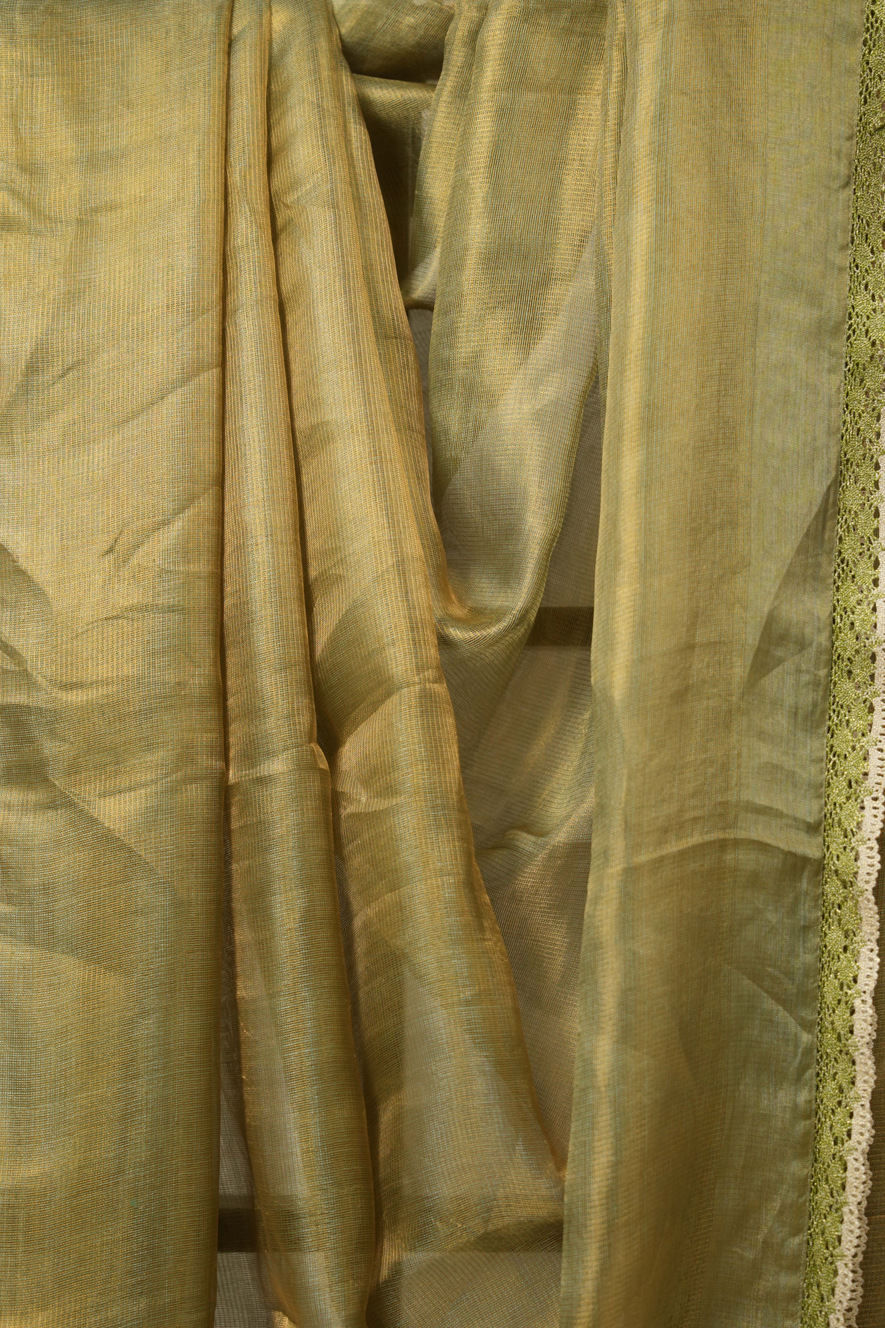 Metallic - Gold Tissue Tussar Silk Saree With Lace - SRMGTTSSWL08